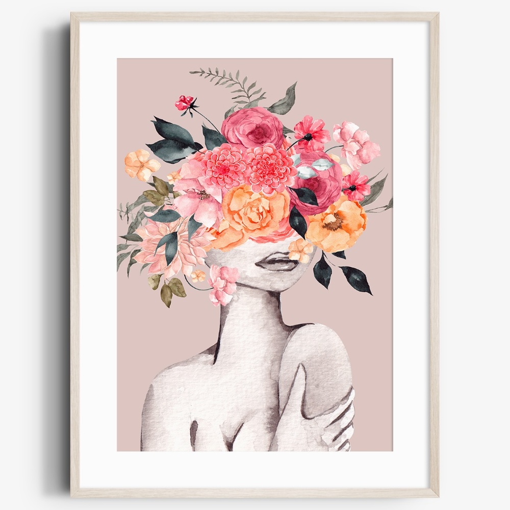 Watercolor Floral Woman Portrait Wall Art Illustration Print Poster Unframed